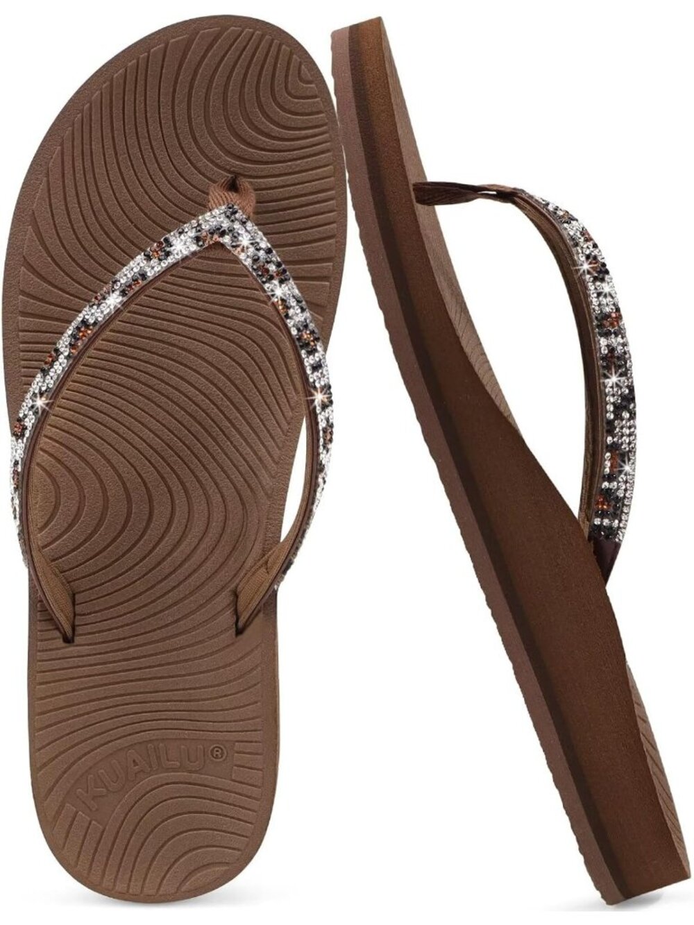 🆕Women's Brown Rhinestone Flip Flops Arch Support Yoga Mat Cushion Sandals